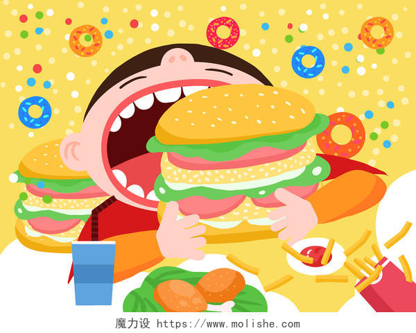 卡通手绘扁平化汉堡吃货插画